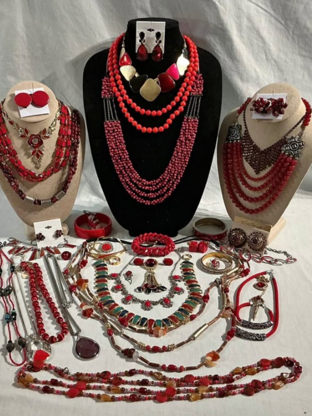 Vintage Red Statement Jewelry Lot Bold Retro Necklaces, Beaded Sets, Rhinestone